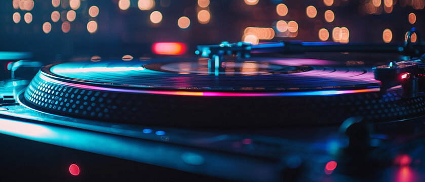 A dj turntable and neon lights