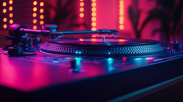 A dj turntable and neon lights
