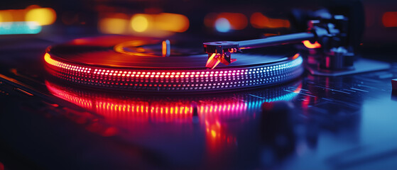 A dj turntable and neon lights