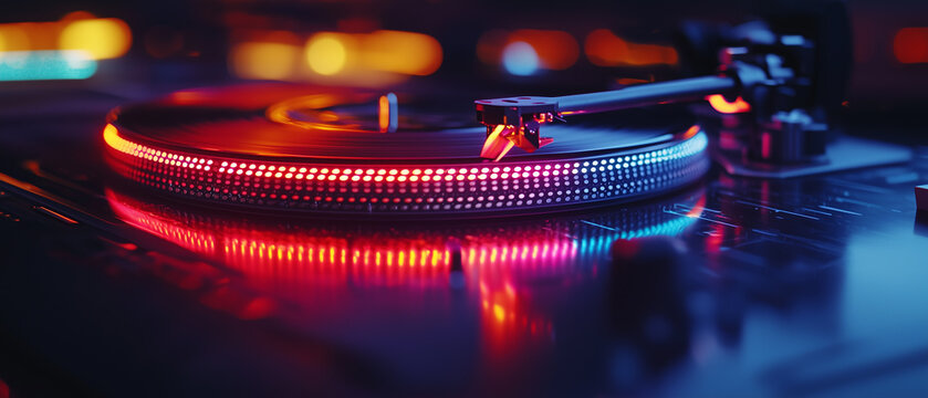 A dj turntable and neon lights