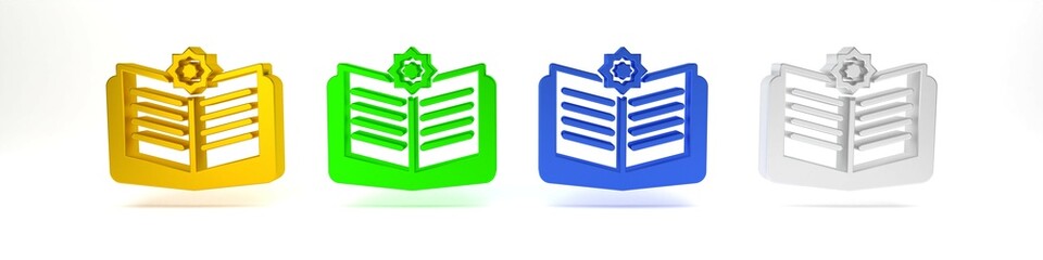 Colorful Holy book of Koran icon isolated on white background. Muslim holiday, Eid Mubarak, Eid al-fitr, Ramadan Kareem. Minimalism concept. 3D render illustration