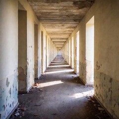 Fototapeta premium A full shot of a long, decaying hallway in an abandoned building. The soft focus blurs the far end, making the hallway seem as though it stretches on forever, adding a sense of despair and dread