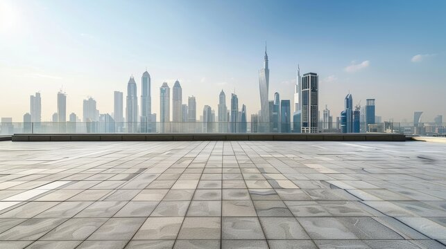 Empty square floor with city skyline background, City skyline with a futuristic utopian vision, utopian urban landscape embodying progress and harmony