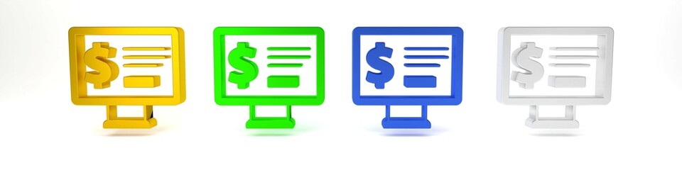 Colorful Monitor with dollar icon isolated on white background. Sending money around the world, money transfer, online banking, financial transaction. Minimalism concept. 3D render illustration