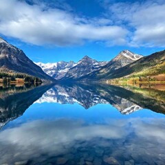 Naklejka premium reflection of the mountains and sky on the glassy water 