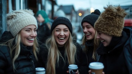 Four young women laugh joyfully, bundled in winter attire and holding takeaway coffee cups, enjoying their time together outside in a cold urban setting.
