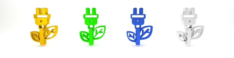 Colorful Electric saving plug in leaf icon isolated on white background. Save energy electricity. Environmental protection. Bio energy. Minimalism concept. 3D render illustration
