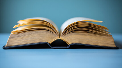 Fototapeta premium An open book showcasing its detailed pages and gold-edged leaves, resting on a smooth, light blue surface. Ideal for educational themes.
