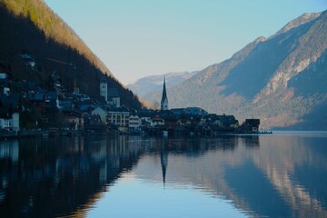 Fototapeta premium View of the city in the mountains, Hallstatt