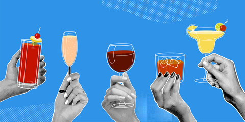 Halftone hands drinks. Hand hold alcohol drink glasses cocktails vintage paper collage, arm cheers birthday party celebrate bar cards, grunge cut-out exact vector illustration
