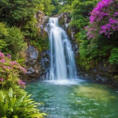 Obraz premium A serene tropical waterfall cascading into a clear pool, surrounded by flowers 