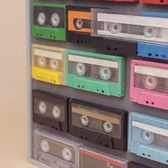 Fototapeta premium vintage cassette tape collection displayed in a shadow box. The focus is on the brightly colored tapes with hand-drawn labels, set against a pastel background reminiscent of the 80s.