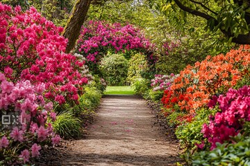 Naklejka premium A Breathtaking Pathway Through Vibrant Azalea Blooms in a Serene Garden