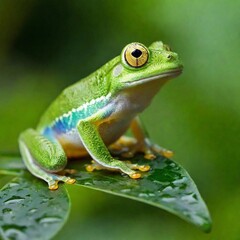 Obraz premium closeup shot of a frog sitting on the green leaf 