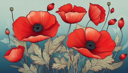 drawn red poppies on color background remembrance day poppy day november 11 symbol of memory of world war 1 floral illustration in flat style