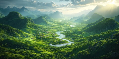 Obraz premium Serene valley landscape with winding river, lush green hills, and mountains under a cloudy sky.