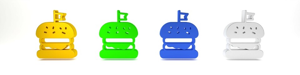 Colorful Burger icon isolated on white background. Hamburger icon. Cheeseburger sandwich sign. Fast food menu. Minimalism concept. 3D render illustration