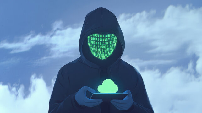  Victim of Cybercrime. A mysterious figure in a hooded cloak holds a device, displaying a green digital face, suggesting themes of hacking and technology against a cloudy backdrop.