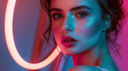 Obraz premium Stunning Young Woman with Radiant Skin and Artistic Neon Lighting in a Fashionable Portrait, Captured in a Vibrant and Dreamy Atmosphere