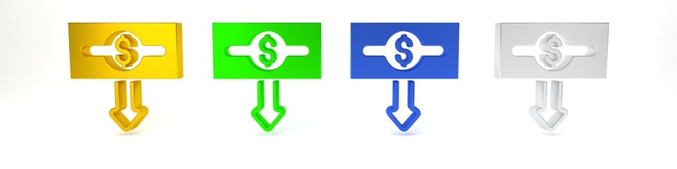 Colorful Dollar rate decrease icon isolated on white background. Cost reduction. Money symbol with down arrow. Business lost crisis decrease. Minimalism concept. 3D render illustration