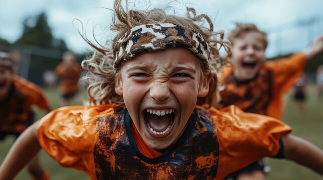 A young, energetic child screams with excitement while wearing a sports outfit and headband, radiating joy and enthusiasm in a dynamic sports setting outdoors.