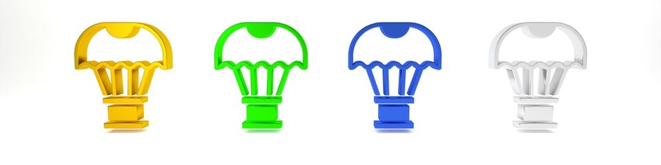 Colorful Box flying on parachute icon isolated on white background. Parcel with parachute for shipping. Delivery service, air shipping. Minimalism concept. 3D render illustration