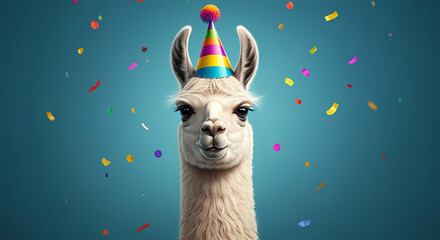 Obraz premium Party Llama Alpaca with Colorful Party Hat on Blue Background, Confetti Falling, Celebration