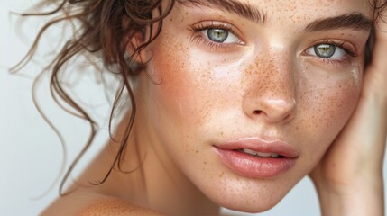 Fototapeta premium Beautiful young woman with curly hair, clear skin, delicate freckles, and bright green eyes gently touching her face, conveying a natural and serene beauty.