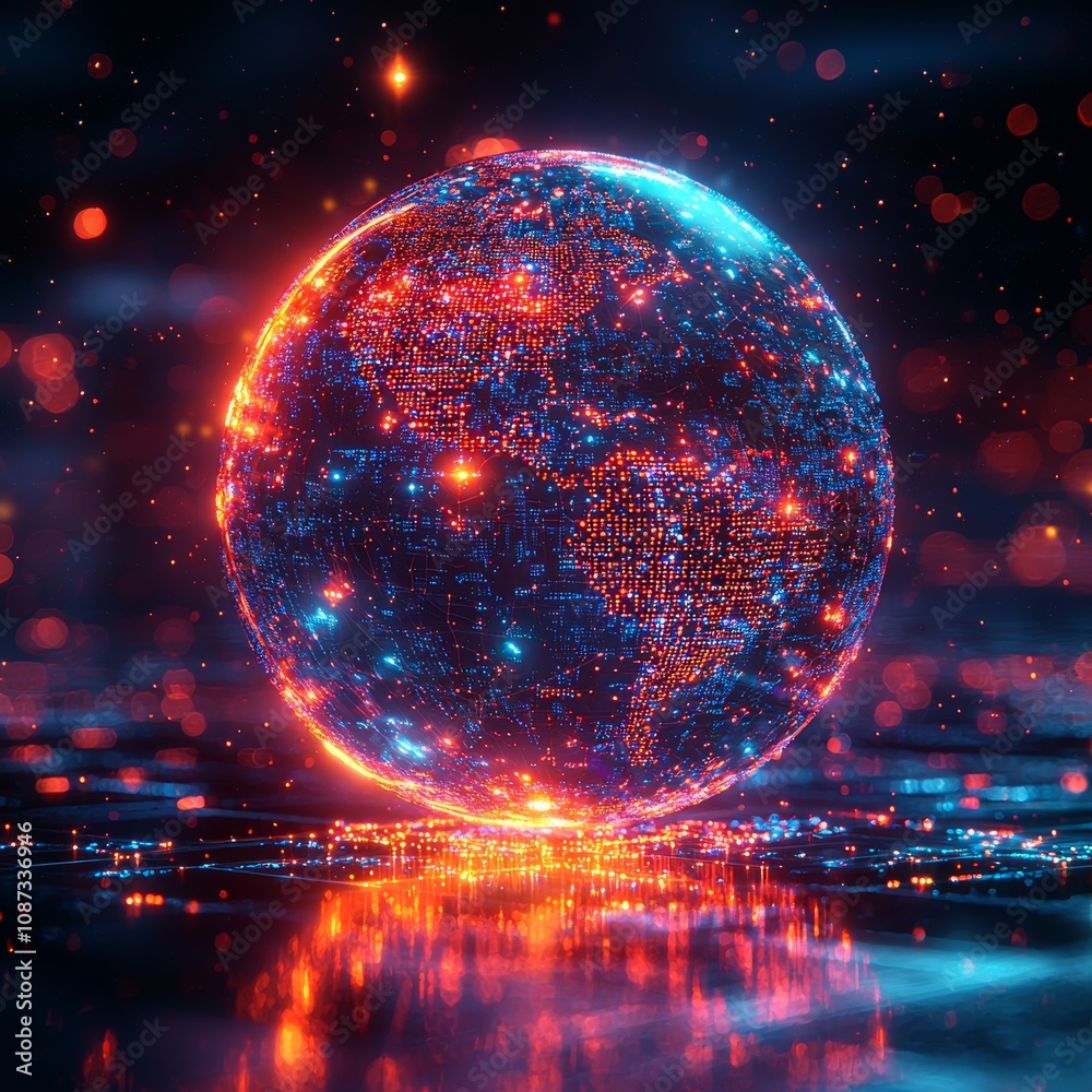 Poster vibrant 3d rendering of data particles forming a globe with illuminated elements in a dark environme