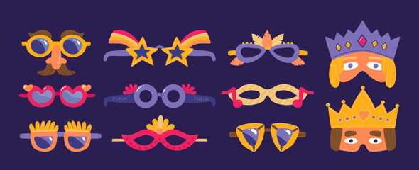 Colorful carnival mask, festive disguise, costume accessory set for ball, parade, march or festival