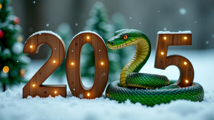 wooden numbers 2025 in snow, where the number 2 is replaced by a green snake coiled in rings. Chinese New Year symbol