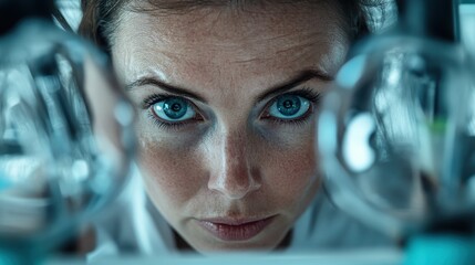A focused scientist peers intently through glass tubes, concentrating on an experimental setup in a modern laboratory setting under bright lights.