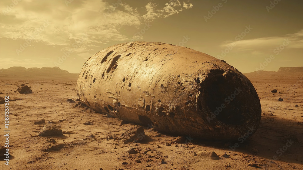 Poster Mysterious object lies on the Martian surface surrounded by rocks and dust under a hazy sky during sunset. Generative AI