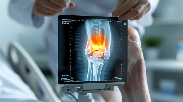 Medical professional administering an ultrasound test on a patient s knee to closely observe the internal joint components