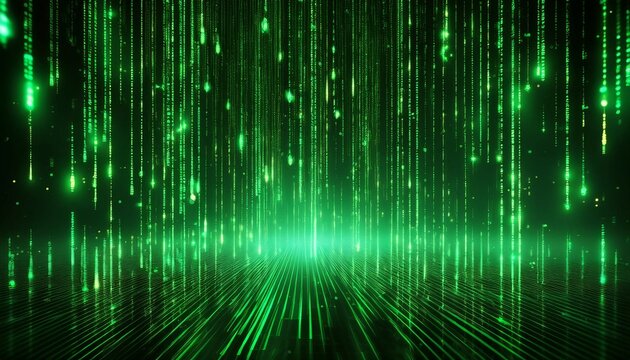 futuristic digital code rain matrix inspired glowing green binary stream background or banner