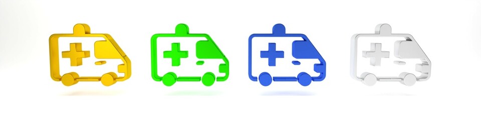 Colorful Ambulance and emergency car icon isolated on white background. Ambulance vehicle medical evacuation. Minimalism concept. 3D render illustration