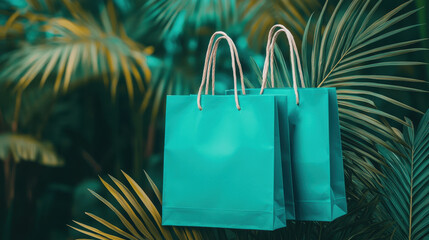 Eco friendly reusable shopping bags in vibrant teal color against lush greenery. Perfect for sustainable shopping and reducing plastic waste