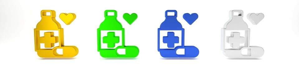 Obraz premium Colorful Medicine bottle and pills icon isolated on white background. Bottle pill sign. Pharmacy design. Minimalism concept. 3D render illustration