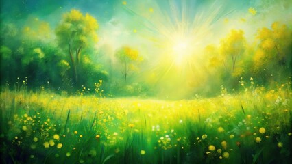 Obraz premium A vibrant green meadow bathed in the warm glow of the sun, with wildflowers blooming in a kaleidoscope of yellow, creating a picturesque scene of tranquil beauty.