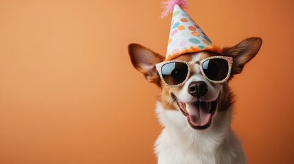 An animated dog expresses excitement with a colorful party hat and stylish sunglasses on an energetic orange backdrop, conveying joy and playful spirit.