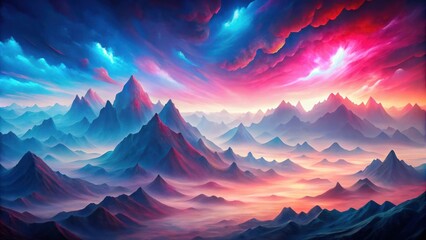A celestial vista of majestic mountains bathed in the ethereal glow of a vibrant sunrise, with clouds painted in hues of pink, blue, and purple, creating a dreamlike landscape.