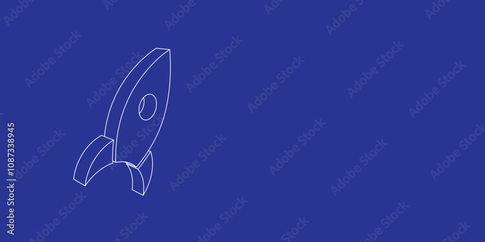 Poster the outline of a large rocket symbol made of white lines on the left. 3d view of the object in persp