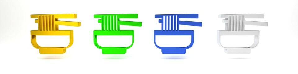 Colorful Ramen soup bowl with noodles icon isolated on white background. Bowl of traditional asian noodle soup. Minimalism concept. 3D render illustration