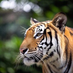Fototapeta premium close-up of a tiger ear twitching, with sharp focus on the fur of the ear, while the surrounding jungle scene and its body dissolve into a soft blur, highlighting the detail of its fur.