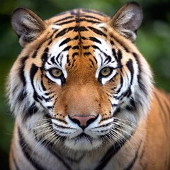 close-up of a tiger piercing amber eyes, with the sharp focus on the eyes while the fur around its face and background jungle blur softly into the distance