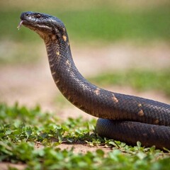 striking shot of a snake in mid-strike, with its mouth open wide and fangs bared, its body frozen in the act of striking, while the surrounding environment blurs into a soft motion