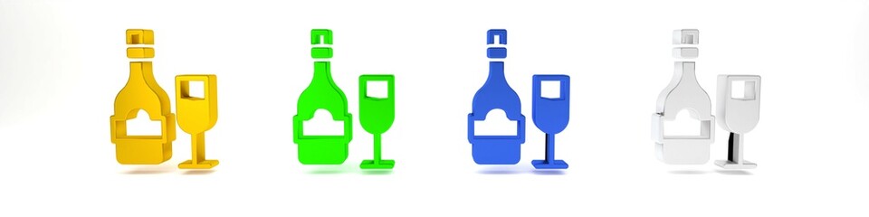 Colorful Champagne bottle with glass icon isolated on white background. Minimalism concept. 3D render illustration
