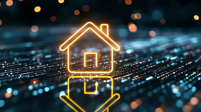 The neon orange smart home icon stands out brilliantly against a dark, glittery backdrop, with tiny sparkles creating a cosmic effect, showcasing the futuristic possibilities of sm