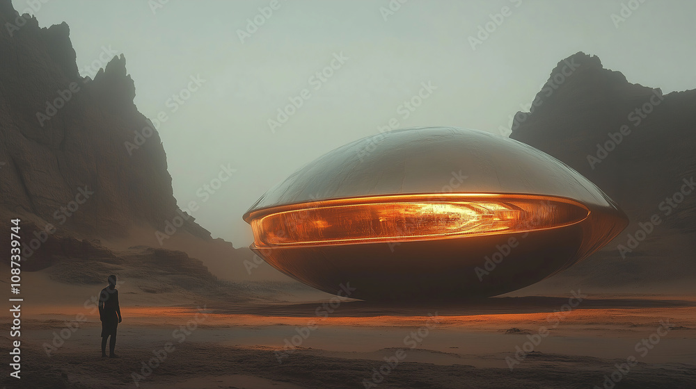 Poster A lone figure stands before a mysterious spaceship in a desolate landscape during twilight hours in an otherworldly setting. Generative AI