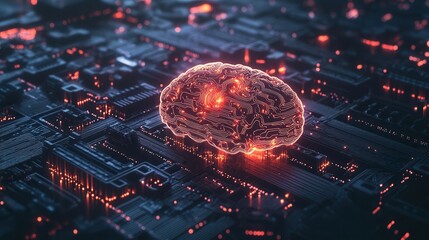 A glowing, abstract representation of a brain overlaid on a digital circuit board, symbolizing artificial intelligence and technological advancement.